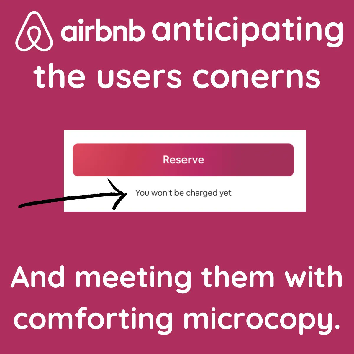 Microcopy is what users rely on at that their most crucial moments and not too long ago, Airbnb did an amazing job of recognizing a critical moment and making an important adjustment.

By adding 'you won't be charged yet' users can proceed with confidence. 

#UX #UXWriting