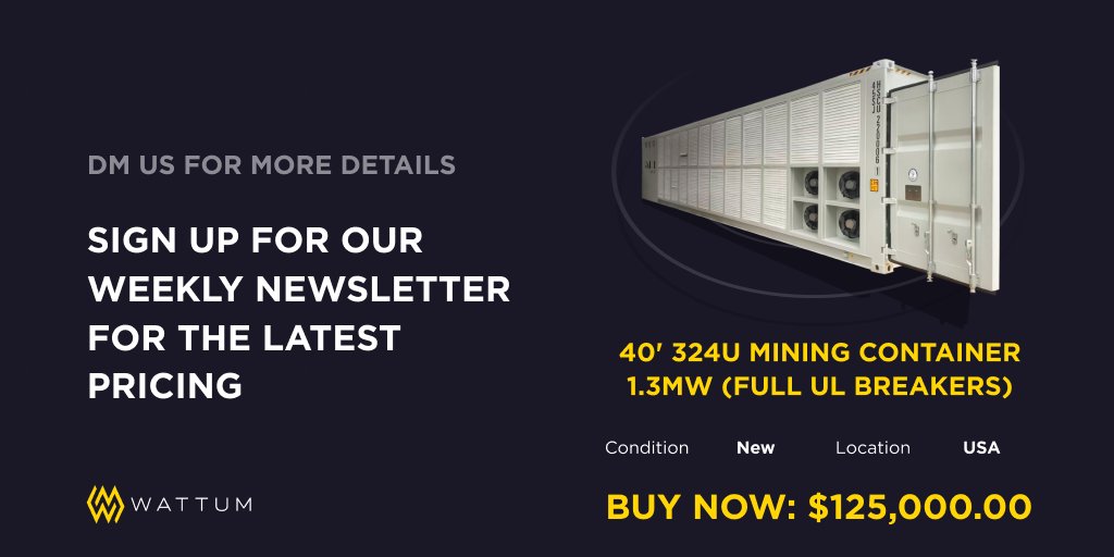 wattumofficial's tweet photo. NEW 1.3 MW Mining Containers available now π
πΈ Size: 40 ft
πΈ Capacity: 324 units
π₯ DM us for more details, or send us an email by visiting: https://t.co/oefeVfz1U5
#MiningContainer #BitcoinMining #Bitcoin #BTC #BitcoinNews #BitcoinMiner #MiningFarm https://t.co/Uxd4Nkpo7U