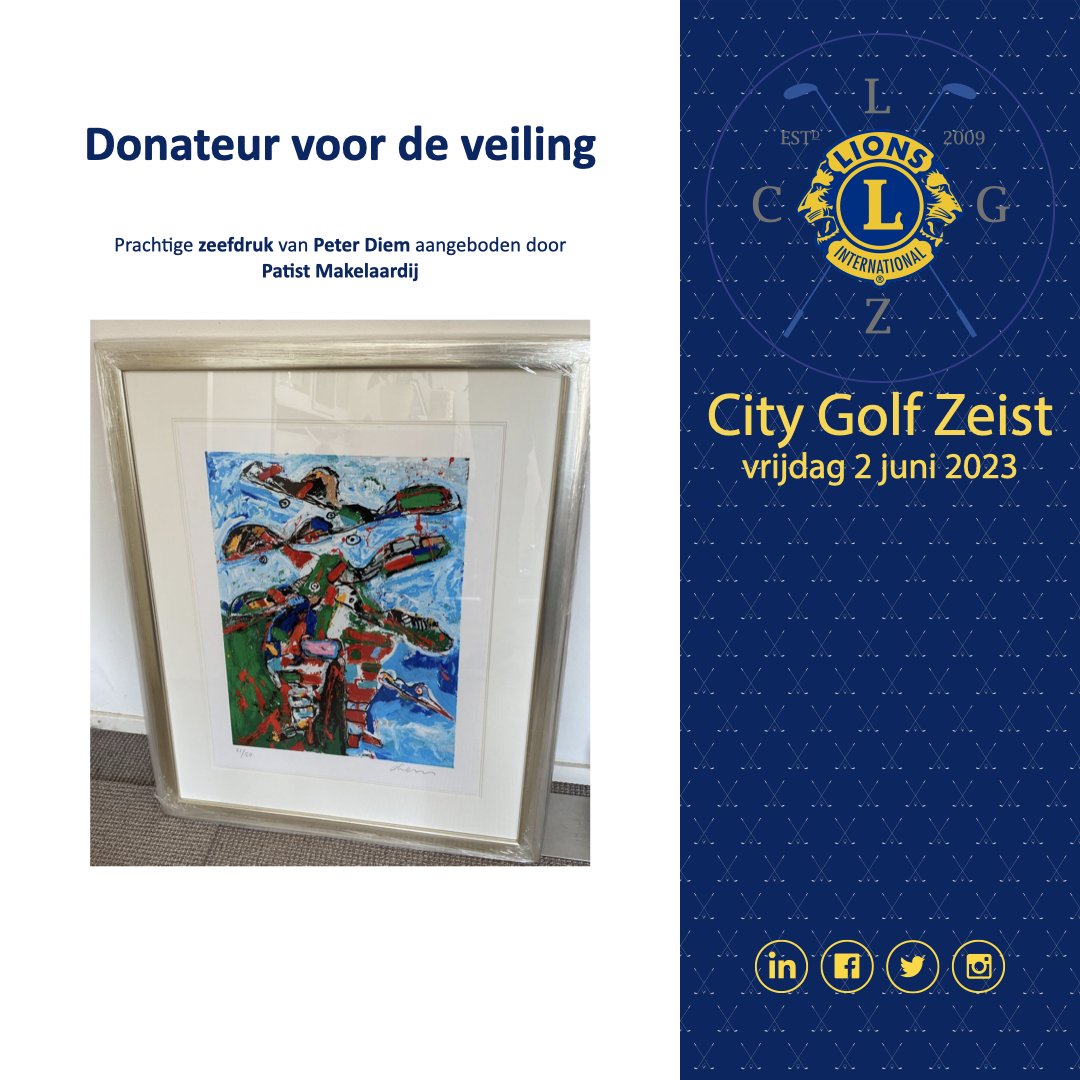 CityZeist's tweet photo. Donateur voor de veiling van City Golf Zeist.

Prachtige zeefdruk van Peter Diem aangeboden door Patist Makelaardij.

#Veiling #PeterDiem #Zeefdruk #CityGolf #Zeist #Golf #Evenement #Goeddoel #PatistMakelaardij https://t.co/C0AZwJsjlD