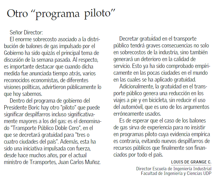 louisdegrange's tweet photo. Hay otro "proyecto piloto" en el Programa del Pdte. Boric, pero muchísimo más caro que el Gas: el denominado "Transporte Doble Cero", donde proponen Buses gratis para "3 ó 4 ciudades". La evidencia empírica es clara: aumento de costos  y deterioro del servicio. Mi carta hoy en EM https://t.co/B4n2uMLwIC