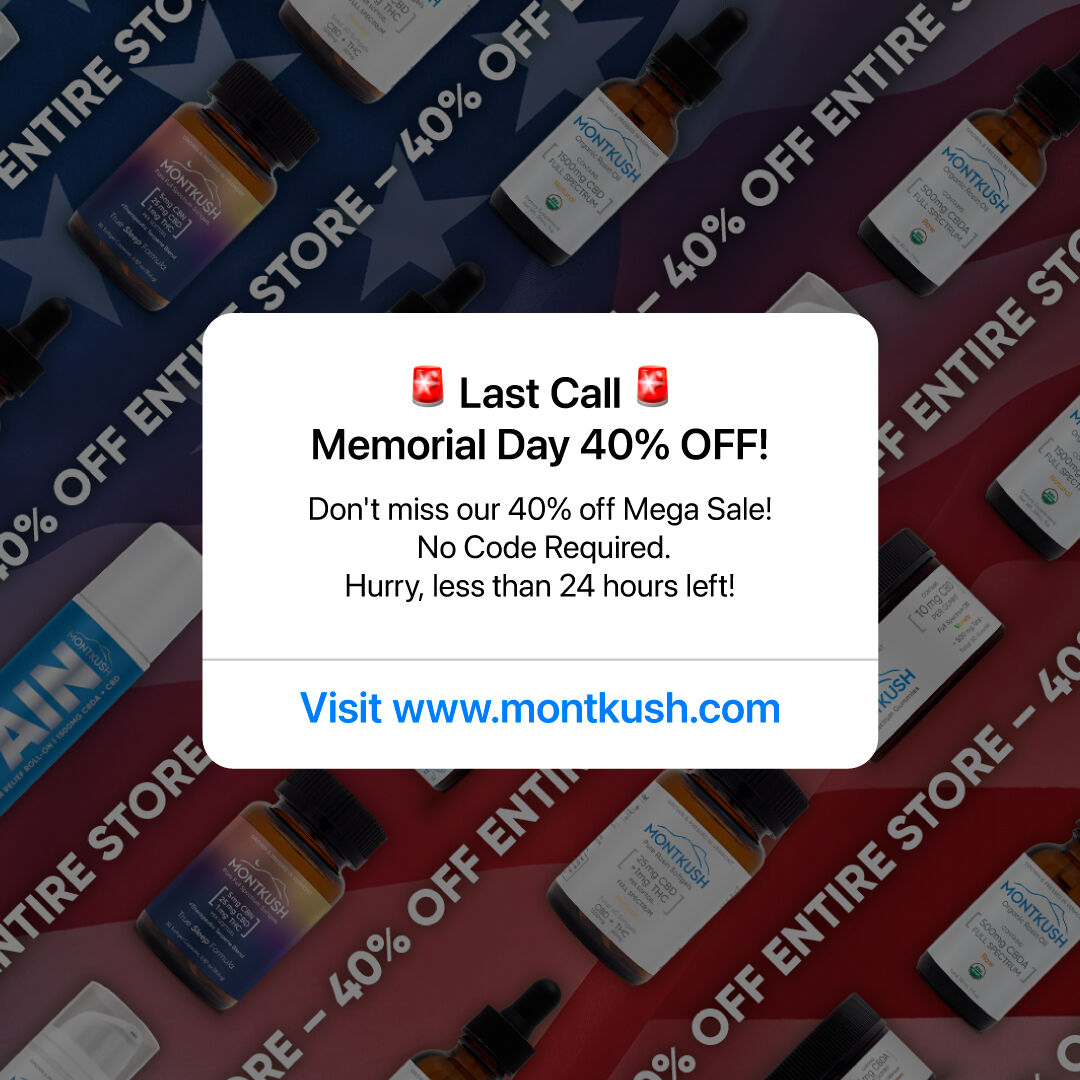 ⏳ Final hours alert! ⚡️ Our epic Memorial Day Sale ends in just a few hours. Don't let the savings slip away! 🛍️ Hurry over to montkush.com before 11:59 PM EST to grab your favorite Montkush CBD products at 40% off. It's now or never! 🌟  #MemorialDaySale #MontkushCBD