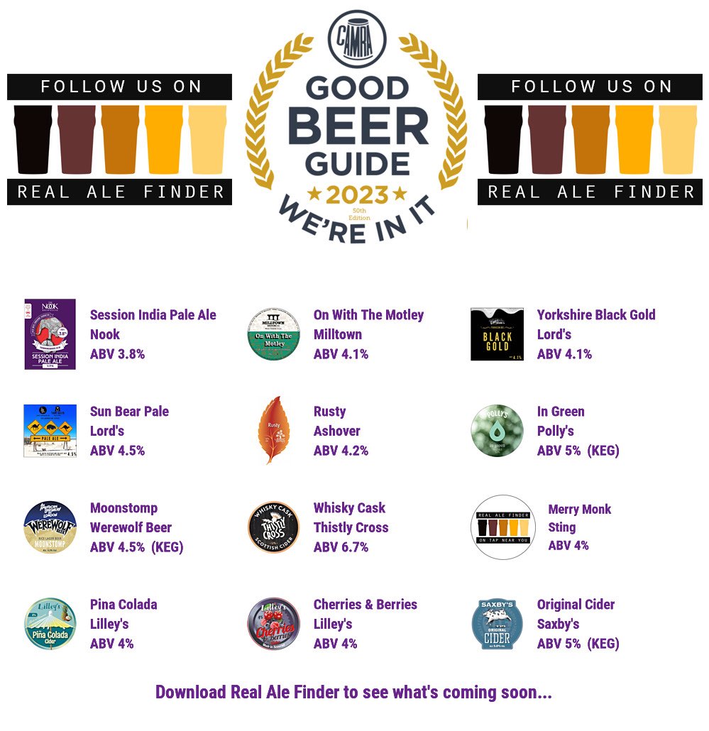 beer_under's tweet image. On the bar today!
Beer Board: bit.ly/3n1eNM2
#goodbeerguide @CAMRA_Official @NookBrewhouse @MilltownBrewing @lordsbrewing @AshoverBrewery @pollysbrewco @WerewolfBeer @ThistlyCross  @lilleyscider @saxbyscider 
#RealAleFinder