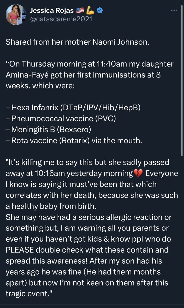 MedBunker's tweet photo. Naomi Johnson, novax americana, pubblica un messaggio strappalacrime sulla morte del povero figlio, un bambino di otto mesi a suo dire ucciso dalle vaccinazioni ricevute.
Viene arrestata qualche tempo dopo per omicidio del figlio, abusato e morto con decine di ossa fratturate. https://t.co/Gv5Wn31NLq
