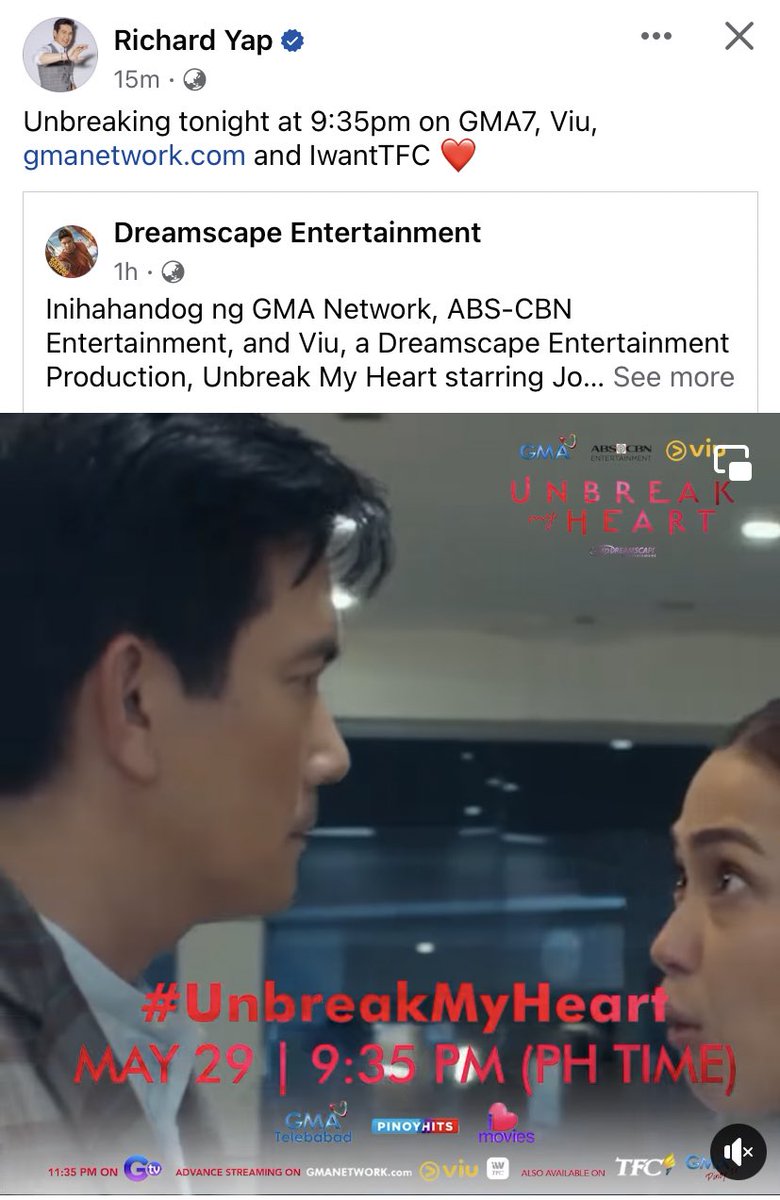 #RichardYap FB Update🤍

'Unbreaking tonight at 9:35 PM on GMA7, Viu, gmanetwork.con and IwantTFC❤️'

#UnbreakMyHeart