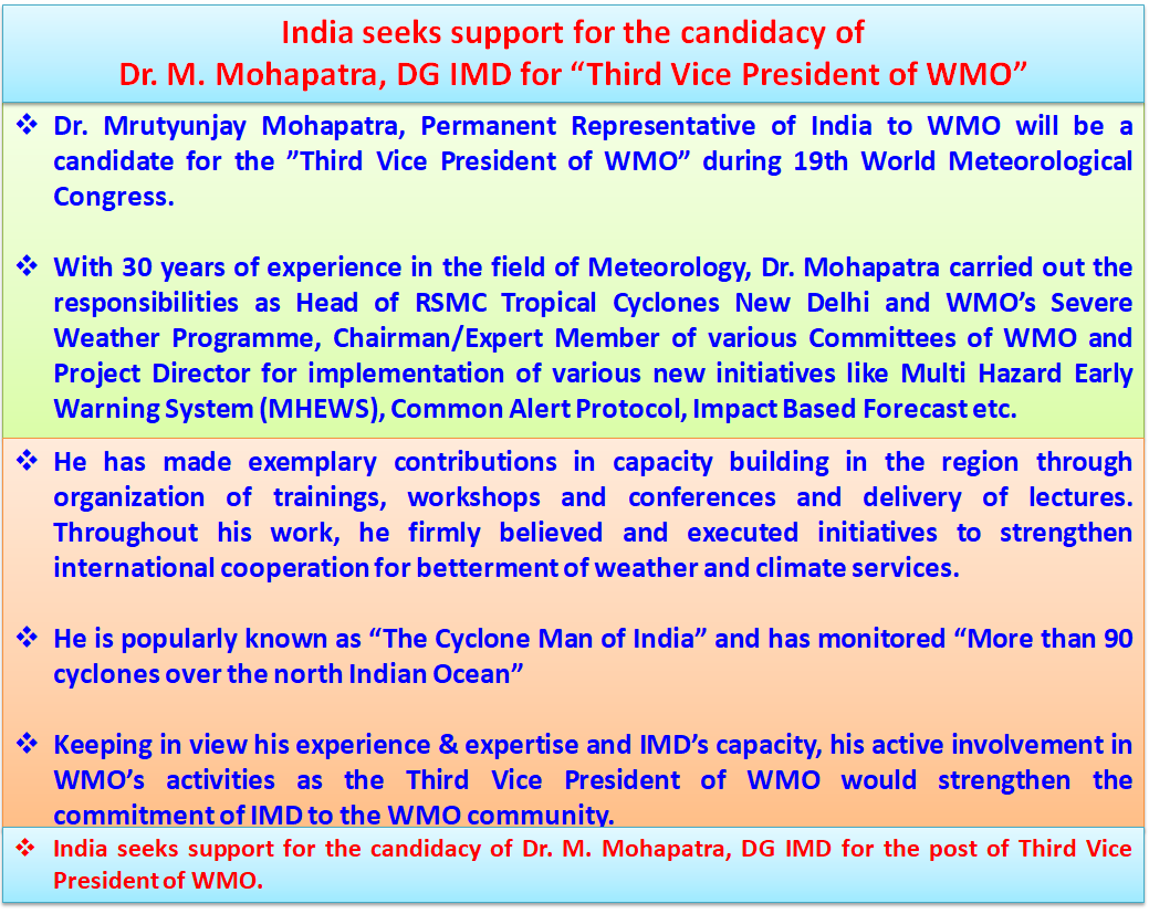 Indiametdept's tweet photo. Dr. Mrutyunjay Mohapatra, PR of India to WMO will be a candidate for Third Vice President of WMO during 19th World Meteorological Congress.  India seeks support for the candidacy of Dr. M. Mohapatra, DG IMD for the post of Third Vice President of WMO https://t.co/oD628YQqAg