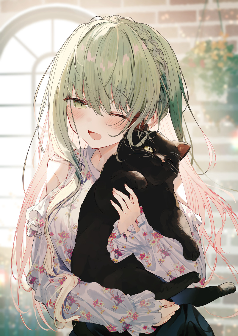 1girl cat one eye closed green hair green eyes long hair braid  illustration images