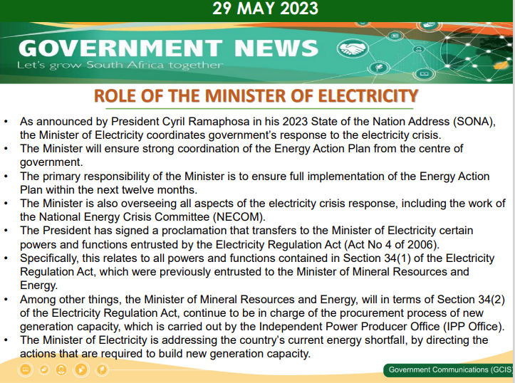 'As announced by President Cyril Ramaphosa in his 2023 State of the Nation Address (SONA), the Minister of Electricity coordinates government’s response to the electricity crisis.'

#LeaveNoOneBehind
#GovernmentNews