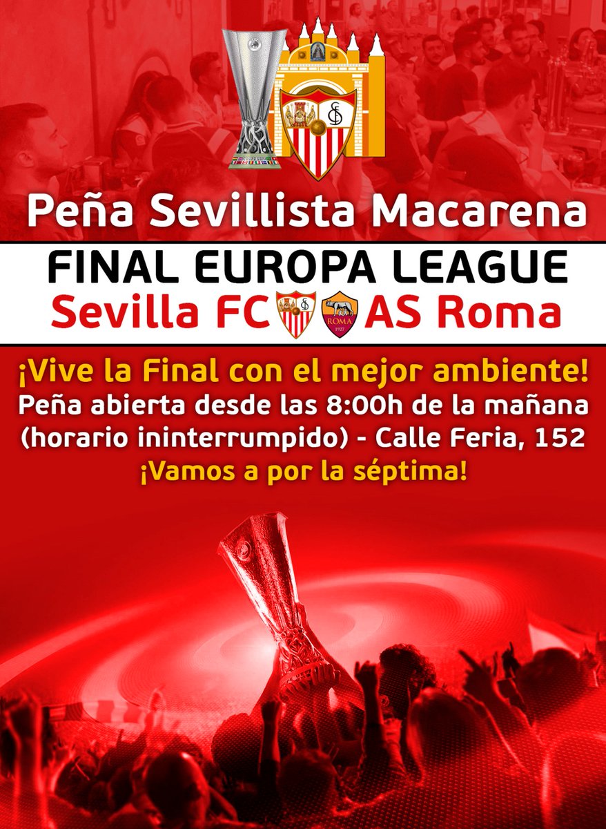 ¡¡Sevilla una vez más,
nos lleva a otra final!!

🔴 Te esperamos el miércoles en la Peña Sevillista Macarena para vivir la Final con el mejor ambiente.

⚪ Peña abierta desde las 8:00 de la mañana (horario ininterrumpido)

🔴 Calle Feria, 152