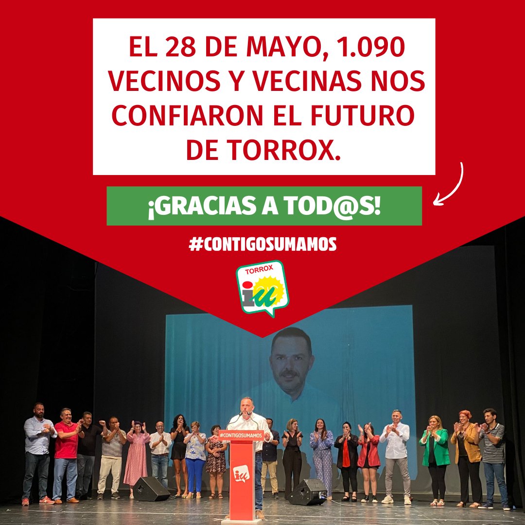 🙌 El 28 de mayo, 1.090 vecinos y vecinas nos confiaron el futuro de #Torrox. Desde el lugar que nos han dado en el Ayuntamiento vamos a luchar día a día por hacer de nuestro pueblo el lugar que queremos. 

¡Gracias a tod@s! 

➕#ContigoSumamos #IUTorrox #Torrox #28M