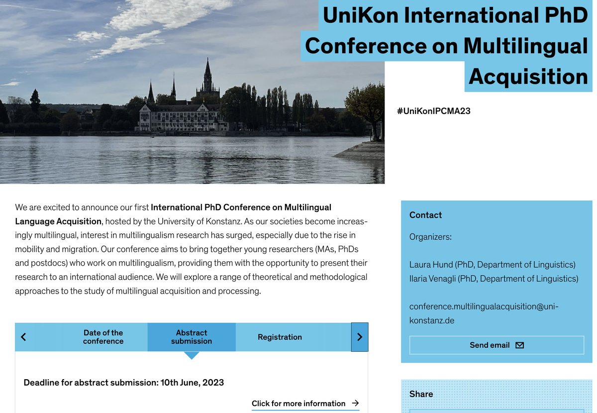 13 days to the submission deadline for #UniKonIPCMA23 at @UniKonstanz! Early-career linguists working on multilingualism: submit your abstract! Virtual presentations will also be allowed! 

Check out our website: ling.uni-konstanz.de/icma2023/about…