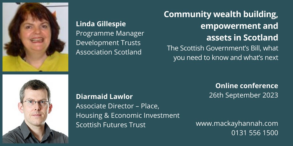 Announcing 1st two speakers for #CommunityWealth building, #CommunityEmpowerment and #CommunityAssets in Scotland:

> Linda Gillespie @Dtascot_COSS 
> Diarmaid Lawlor @urbscotland @SFT_Scotland
 
Info: bit.ly/3WpRZpQ
Fee £169: - book 2 delegate places, get a 3rd one free