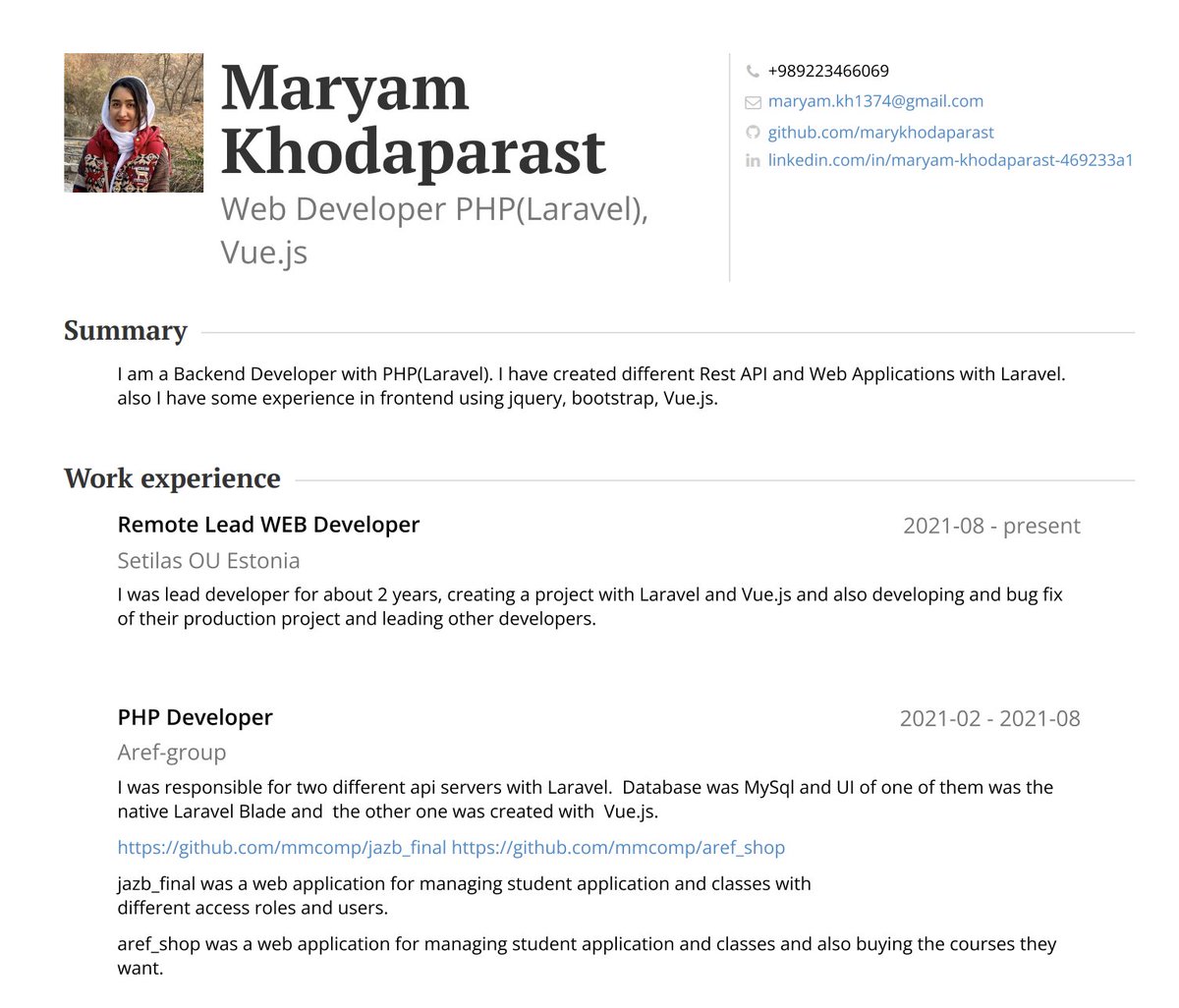 PovilasKorop's tweet image. It's hard to look for remote dev work as a woman from Iran.
So I'm sharing Maryam's CV here, maybe anyone from my 40k+ audience can hire a developer with already some international experience?
Full CV here: drive.google.com/file/d/1rTzHAU…