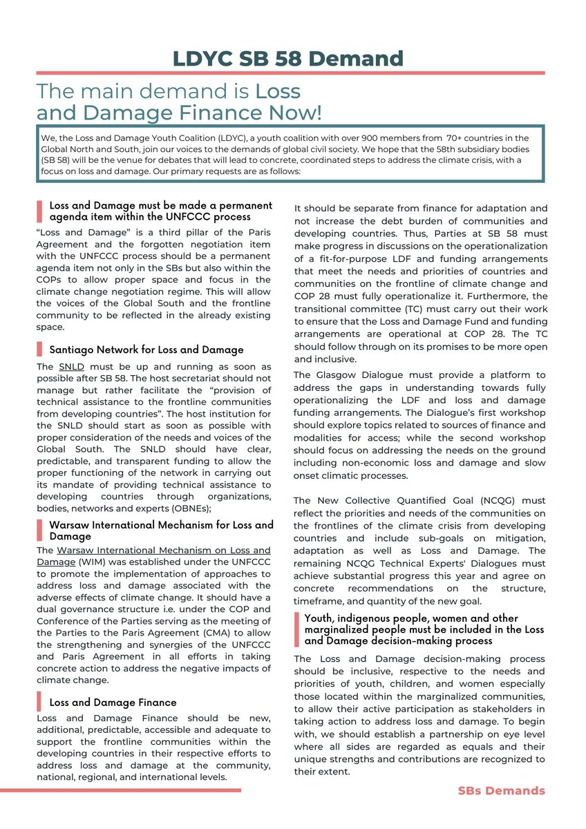 📢:  Join over 900 youth from 70+ countries at the
<a href="/LossDamageYouth/">Loss and Damage Youth Coalition</a> coalition raising their voices and demanding concrete #climate change actions at the  SB 58. You can join the movement today   

🔗: Read and sign the demands here: bit.ly/43vXlCh