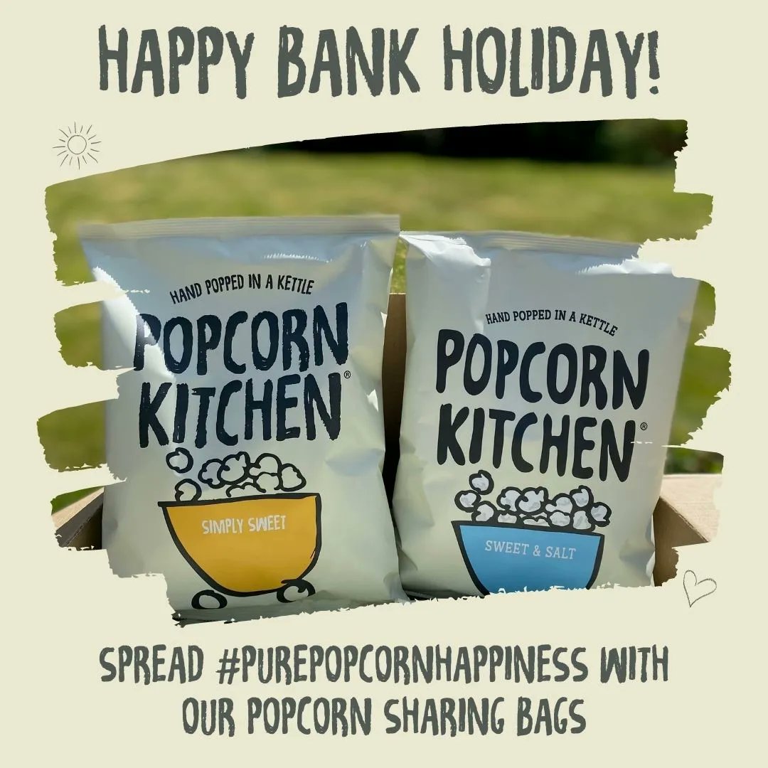 Happy Bank Holiday ☀️ We hope everyone is enjoying another glorious bank holiday Monday! With longer days and warmer nights, our sharing bags make the perfect on-the-go snack when heading out with the family and family this summer. Stock up now: popcornkitchen.co.uk/collections/sh…