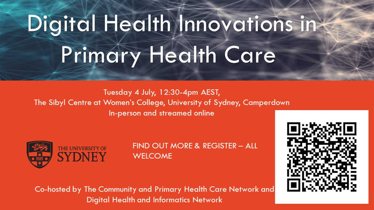 Join us for an inspiring and informative program focused on digital innovations in primary health care 📢Register now! 🗓️Tues 4 July 🕐12:30-4pm #digitalhealth #Innovation #primaryhealth @syd_health @sydFMH_EMCR @digitalhealthn @MeredithMakeham @adamgdunn @carissa_bon