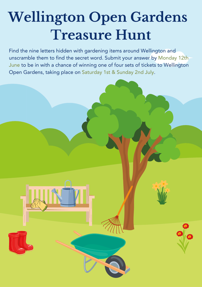 Comm_Resource's tweet image. 🌸Join the Wellington Open Gardens treasure hunt this half term!🌸
Spot hidden letters in Wellington shop windows, decode the secret word &amp;amp; enter to win tickets to Open Gardens on July 1st-2nd. Submit your entry by 12 June at lght.ly/oieg6g @LoveWellington1
