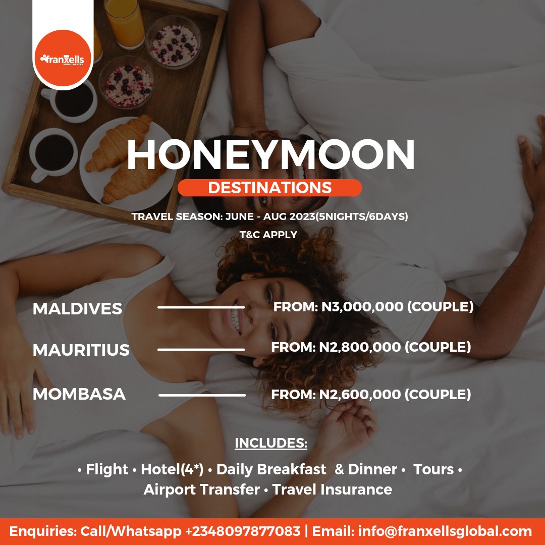 Honeymoon destinations options for you and your significant other.

Maldives, Mauritius, and Mombasa. 
Travel Season: June - August 2023(5nights/6days). Terms and conditions apply. 

Bookings: Call/Whatsapp 08097877083.

#honeymoon #couples #travel