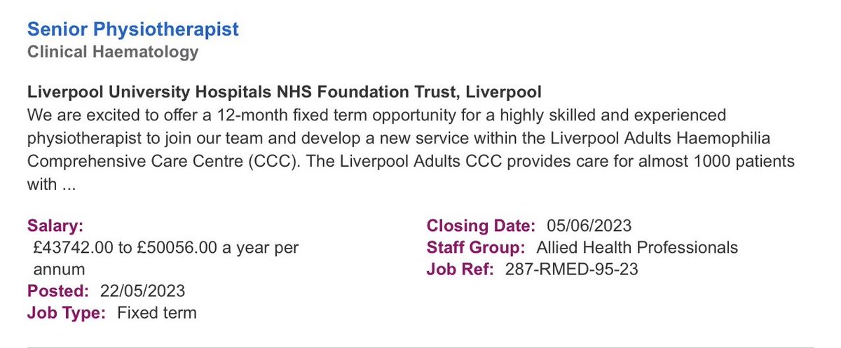 thuvia2014's tweet photo. Absolute plum of a job 👍🏽🤩🙌🏽#haemophiliaphysio #Liverpool Great opportunity, progressive service ⁦@CathyFarrelly⁩ &amp; #MDT Get your skates 🛼on closing date soon👇🏽⁦@HCPA11⁩ ⁦@physio_paul⁩ ⁦@DStephensen68⁩ ⁦⁦@Clive_Smith_⁩ ⁦⁦@HaemoSocUK⁩ https://t.co/1Tem2JhVUB