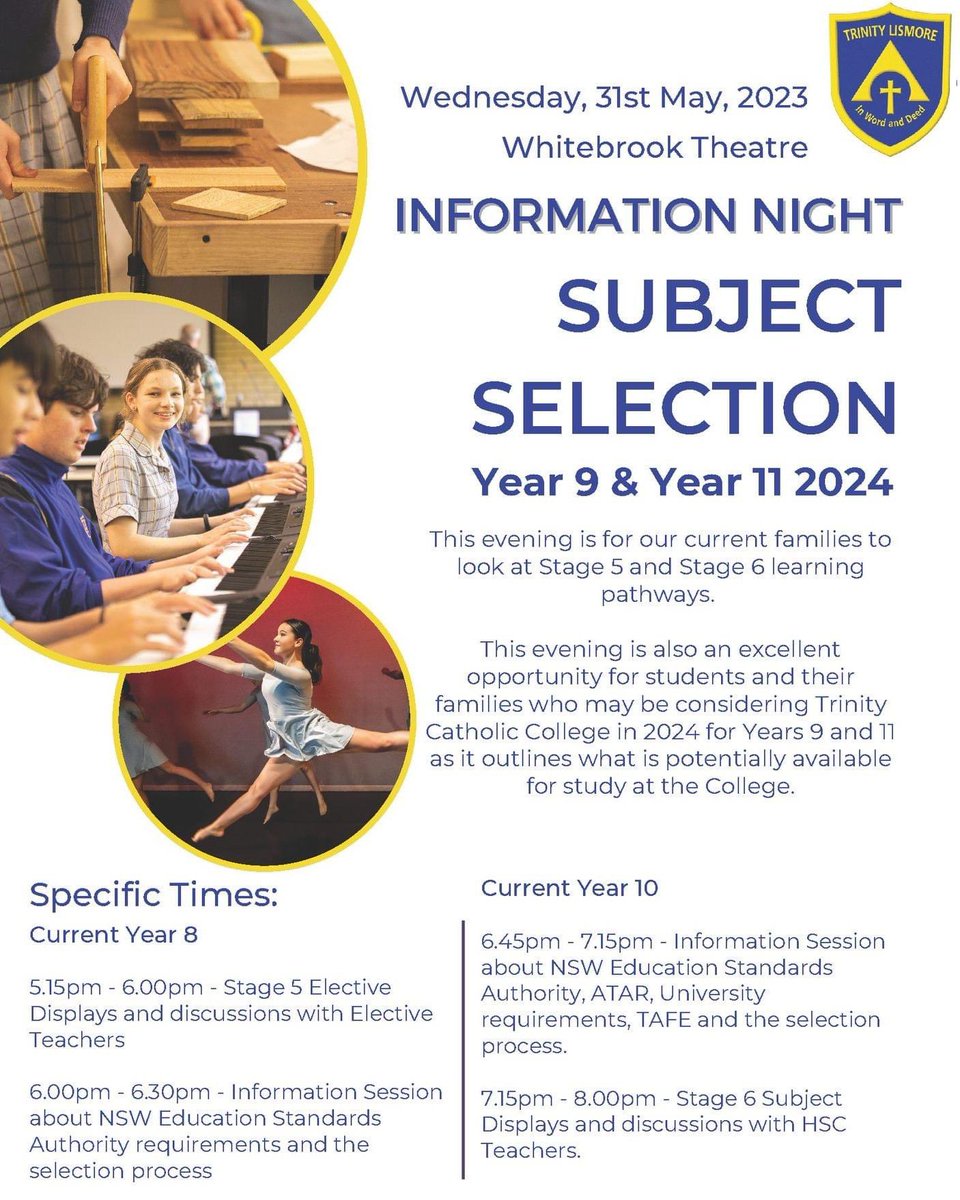 Students, Parents are Carers are invited to attend our 2024 Subject Selection Evening on Wednesday 31st May.
#trinitylismore #inwordanddeed #experiencethetrinitydifference