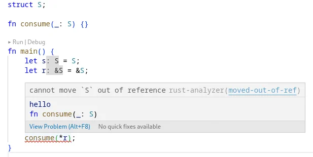 Screenshot showing a diagnostic when a local is moved out of a reference