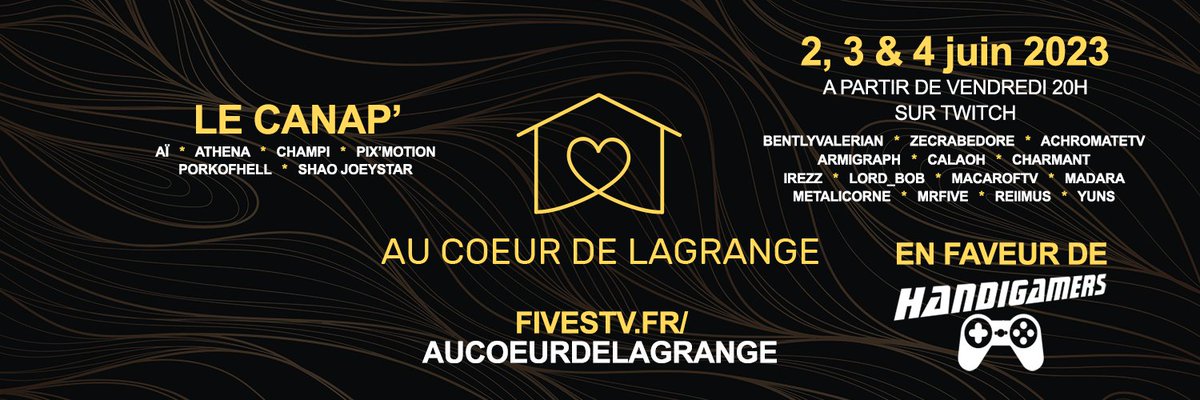 RDV ce WE avec les streamers de l'événement pour un marathon caritatif sur Twitch afin de récolter des dons pour l'asso <a href="/Handigamers/">Handigamers 🎮</a> et promouvoir le développement d'adaptations matériel permettant aux personnes en situations de handicap de jouer aux JV.
👉aucoeurdelagrange.fr