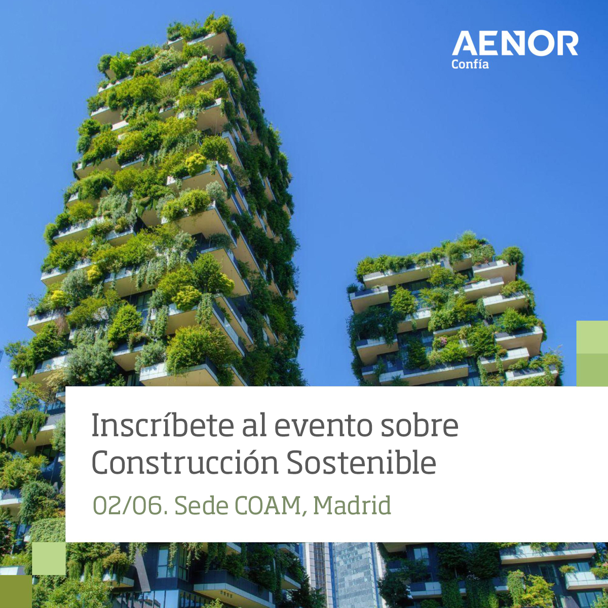 AENOR's tweet photo. #ÚltimasPlazas 📢 Todavía estás a tiempo de inscribirte al evento sobre #construcción y #sostenibilidad, 02/06 en @COAMadrid. Hablaremos de economía circular, ESG, y de la certificación #EdificioSostenible y Marca AENOR N Sostenible 🔗 https://t.co/kAWBd6eHQW

#AENORConfía https://t.co/0mJsU0xtv5
