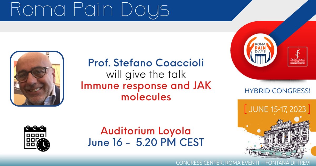 RomaPainDays's tweet photo. During #RPD23 Prof. Stefano Coaccioli will give the talk "Immune response and JAK molecules". #chronicpain #acutepain
📆June 16 - 5.20 PM CEST
#ComeForScienceStayForHandsOn
Don't miss it, register now! 👉 https://t.co/LSP52rqIBA
@giuvarr @scoaccioli1 https://t.co/HC5oJkOgmt
