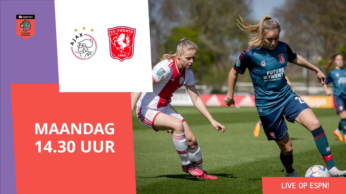 🏆 𝐅𝐈𝐍𝐀𝐋 𝐌𝐀𝐓𝐂𝐇𝐃𝐀𝐘 🏆

🔜 @AjaxVrouwen en @FCTwenteVrouwen strijden vandaag om de Eredivisie Cup 🔥 Check het live via @ESPNnl 👀

#AJATWE #EredivisieCup #AzerionVrouwenEredivisie