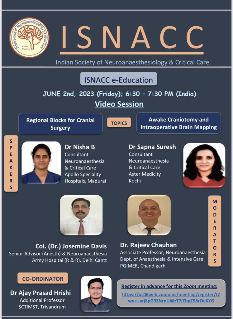 ISNACC (@isnaccindia) on Twitter photo #isnacceducation #Awakecraniotomy #Regionalblocksinneuro <a href="/SNACCNeuro/">SNACC</a> <a href="/naccsuk/">🄽🄰🄲🄲🅂</a> <a href="/NCSIofficial/">Neurocritical Care Society of India</a> <a href="/ISANHQ/">INDIAN SOCIETY OF ANAESTHESIOLOGISTS</a> <a href="/ASA_Australia/">The Australian Society of Anaesthetists</a> <a href="/ASALifeline/">ASA®</a> .You are invited to a Zoom meeting.
Date & Time: Jun 2, 2023 06:30 PM (India) .Register in advance for this meeting:
us06web.zoom.us/meeting/regist… #isnacceducation #Awakecraniotomy #Regionalblocksinneuro <a href="/SNACCNeuro/">SNACC</a> <a href="/naccsuk/">🄽🄰🄲🄲🅂</a> <a href="/NCSIofficial/">Neurocritical Care Society of India</a> <a href="/ISANHQ/">INDIAN SOCIETY OF ANAESTHESIOLOGISTS</a> <a href="/ASA_Australia/">The Australian Society of Anaesthetists</a> <a href="/ASALifeline/">ASA®</a> .You are invited to a Zoom meeting.
Date & Time: Jun 2, 2023 06:30 PM (India) .Register in advance for this meeting:
us06web.zoom.us/meeting/regist…