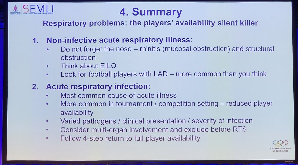 Prof Martin Schwellnus sharing his recent IOC consensus statement on acute respiratory illnesses in athletes at #isok23 - really helpful breakdown of important clinical considerations @footballmed