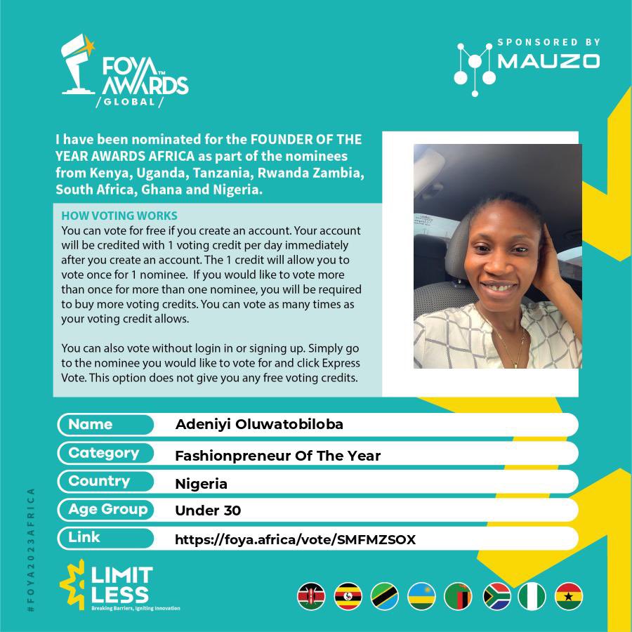DelightTobi's tweet photo. @Bod_repuplic Amen 🙏. Pls let’s continue to vote for me to win the fashionprenuer of the year Award @foyaglobal award. Simply register/signup for free vote everyday or you can click on express vote to buy coins and vote for me🙏 click on this link to vote https://t.co/fEu5Yr8IiE https://t.co/uqMZfbG0IC