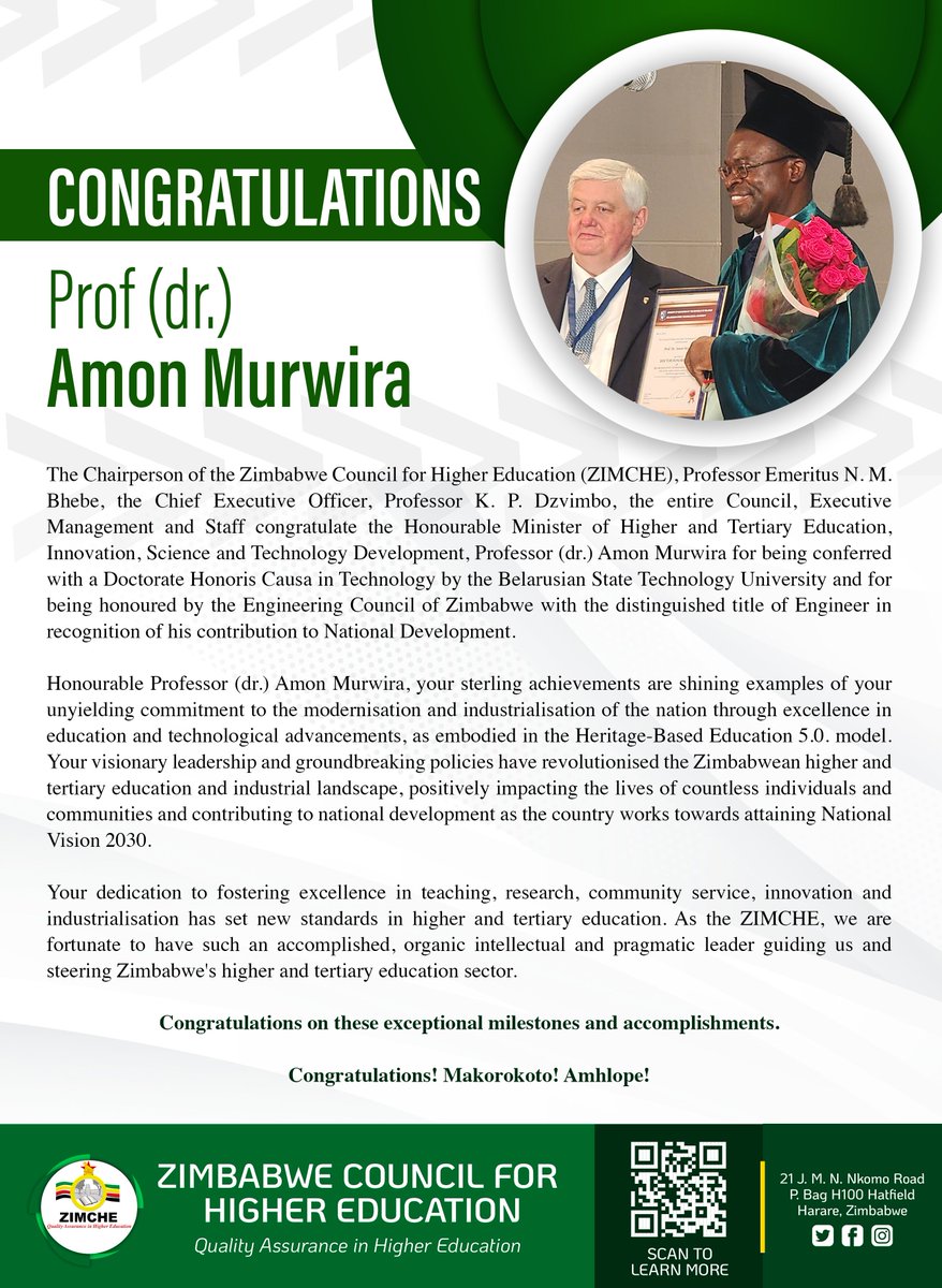 Zimbabwe Council for Higher Education (@zimcheofficial) on Twitter photo #Congratulations Prof. (dr.) A. Murwira for being conferred with a Doctorate Honoris Causa in Technology by the Belarusian State Technology University and for being honoured by the Engineering Council of Zimbabwe with the distinguished title of Engineer.
<a href="/mhtestd/">Ministry of Higher & Tertiary Education ZW</a> #Congratulations Prof. (dr.) A. Murwira for being conferred with a Doctorate Honoris Causa in Technology by the Belarusian State Technology University and for being honoured by the Engineering Council of Zimbabwe with the distinguished title of Engineer.
<a href="/mhtestd/">Ministry of Higher & Tertiary Education ZW</a>