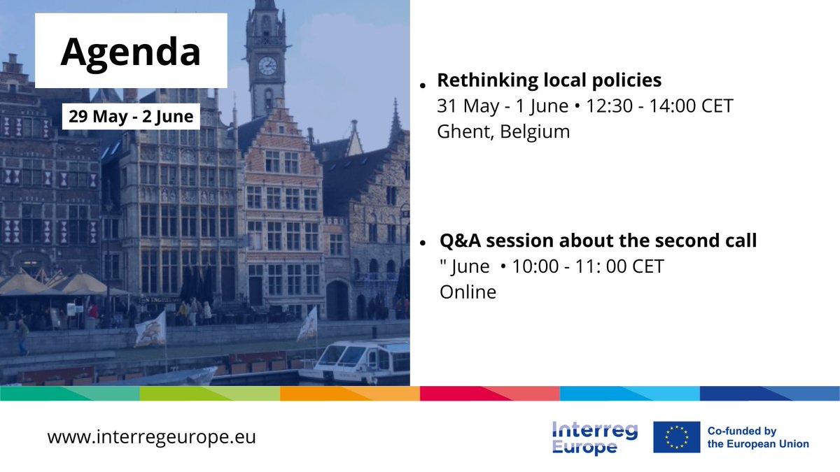 interregeurope's tweet image. Have a look at our agenda! 👀

2️⃣ important events are happening this week!

👉 Rethinking local policies, in Ghent
👉 Q&amp;amp;A session about the second call, online

Mark your calendars 📅 and check out the other coming events ➡️ bit.ly/3mrVcVA