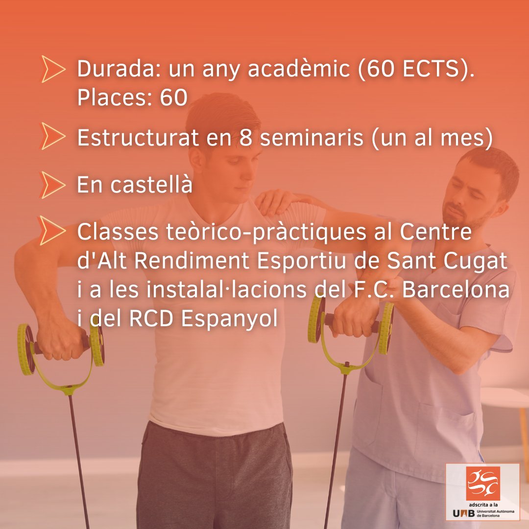 La 9a edició del màster en Fisioteràpia de l'Esport i Readaptació a l'Activitat Física comença el 2 d'octubre. Si vols rebre classes teòrico-pràctiques al Centre d’Alt Rendiment Esportiu de Sant Cugat i a les instal·lacions del F.C. Barcelona i del RCD Espanyol, inscriu-te!
#EUG