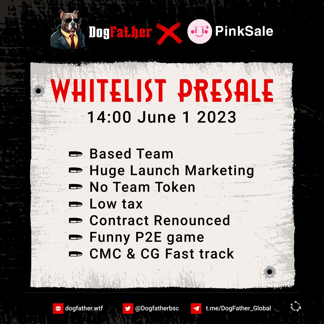 Dogfatherbsc's tweet photo. 💥 DogFather Will Open Whitelist Presale with limited slots

🚀 Presale link: https://t.co/HXYfN1DLKM
⏰Start: 14:00 June 1 2023
🟢HC: 120 BNB
🟢Min/Max Buy: 0.2 / 0.88 BNB
🟢Sale type: Whitelist Only

🔥 Join Now and Dominate The World
#DOGA  #DogFather #memecoin #BSC #Crypto https://t.co/CWJrmEJQvJ