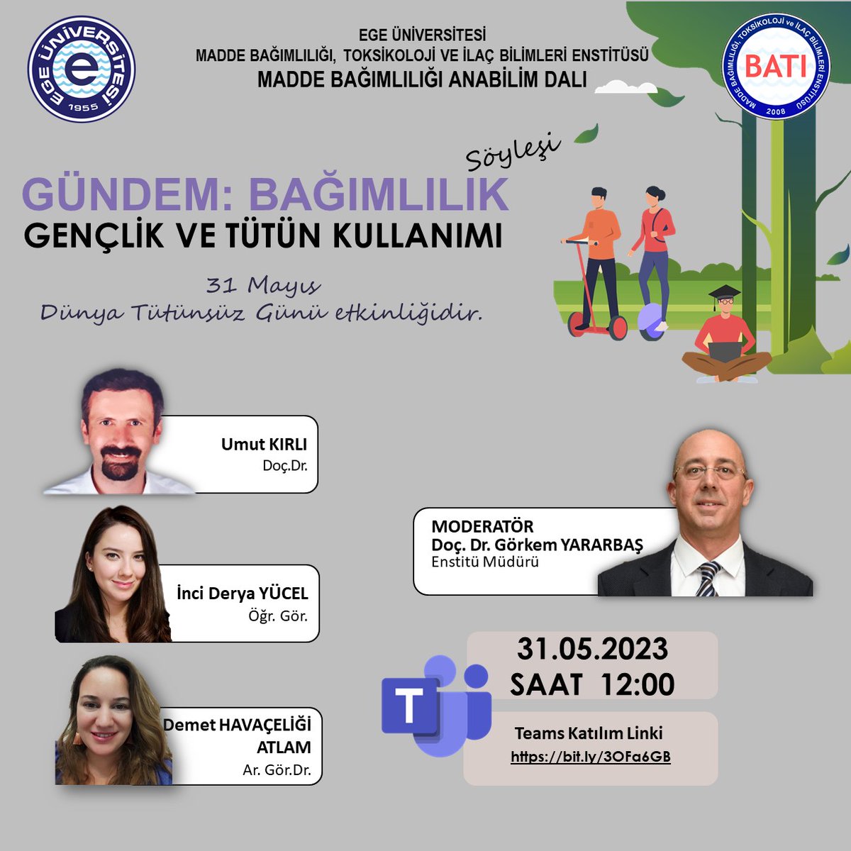 31 Mayıs Dünya Tütünsüz Günü etkinliği olarak düzenlenecek olan Gündem Bağımlılık soyleşilerinin bu ayki konusu "Gençlik ve Tütün Kullanımı". Etkinliğimiz 31 Mayıs Çarşamba günü saat 12.00'da Teams üzerinden gerçekleşecektir. @universiteege <a href="/egeajans87/">ege ajans</a> #egeuniversite