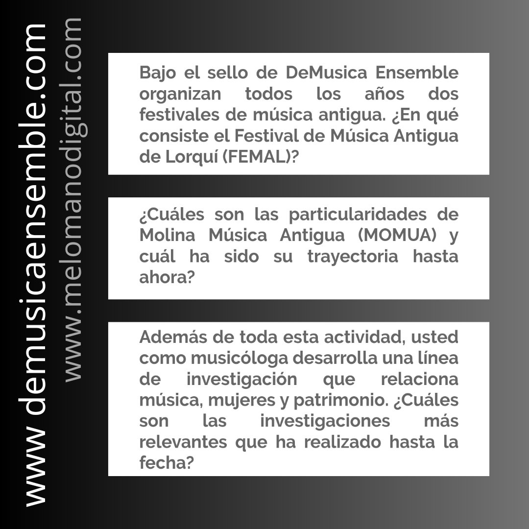 DeMusicaE's tweet photo. ¡ENTREVISTA! Nuestra directora, MªAngeles Zapata, nos habla de la historia de @DeMusicaE , de su trabajo como investigadora y de los planes bonitos que están por llegar.
 https://t.co/AFvf9OxwtG

#DeMusicaEnsemble #momua #femal #CulturaMurcia #culturalorquí #CulturaMolina https://t.co/z7ztH5by0f