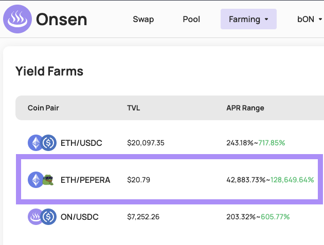 GM!

We are extremely excited to bring our new Yield Farming pair to our community!🎉

$ETH / $PEPERA ♨️

app.onsenswap.xyz/farms
👆
Jump in the #Onsen Pool and relax while getting high APR% before anyone else!😳

#zkSync #zkSyncEra #memecoin #ETH #pepera