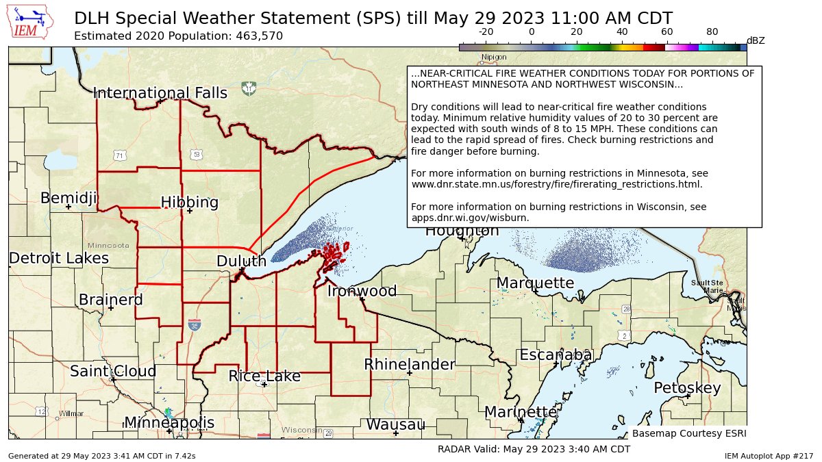 NEAR-CRITICAL FIRE WEATHER CONDITIONS TODAY FOR PORTIONS OF NORTHEAST MINNESOTA AND NORTHWEST WISCONSIN for Carlton/South St. Louis, Central St. Louis, Koochiching, North Itasca, North St. Louis, Northern Aitkin, Northern Cook/North... till 11:00 AM CDT https://t.co/Fl9vsFejmK https://t.co/6StzxR9ybL