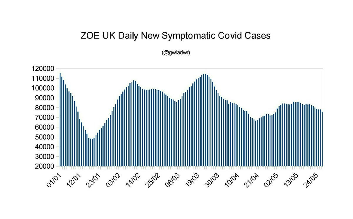 ZOE Health Study  29/05/23

75,733 new symptomatic Covid cases estimated for the UK on 27/05/23.

Down 3.9% on yesterday's published figure.