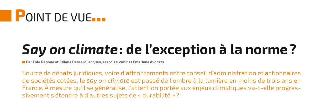 Emeriane_Law's tweet photo. Say on climate : de l'exception à la norme ?   

💡Le say on climate est passé de l’ombre à la lumière en trois ans en France 

❓L’attention portée aux enjeux climatiques va-t-elle s’étendre à d’autres sujets de #durabilité ?  
 
↪️ Notre article dans la LJA @JuristesAffaire https://t.co/ga3JFw27aH