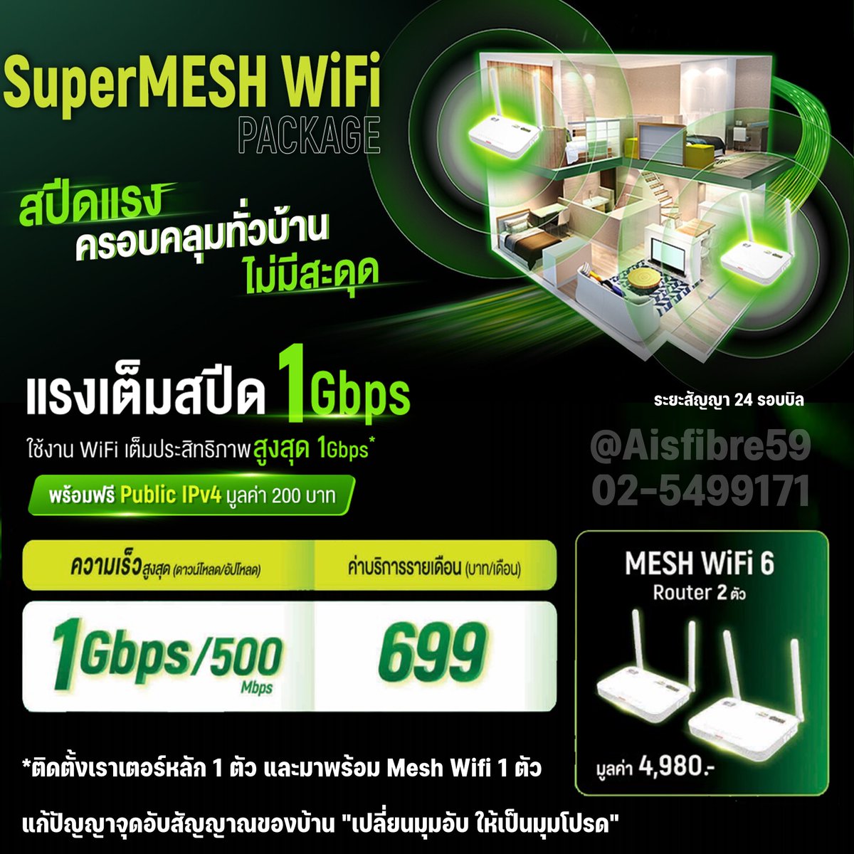 สปีดแรง!! ครอบคลุมทั้งบ้าน
ติดตั้งด้วยเราเตอร์ Wifi6 1ตัว
และมาพร้อม MeshWifi 1ตัว
เพื่อสัญญาณครอบคลุมทั่วทั้งบ้าน
ความเร็วสูงถึง 1000/500Mbps
📷สอบถามเพิ่มเติม
aisfibre59.com
Line : @aisfibre59
โทร : 02-5499171,02-5499172