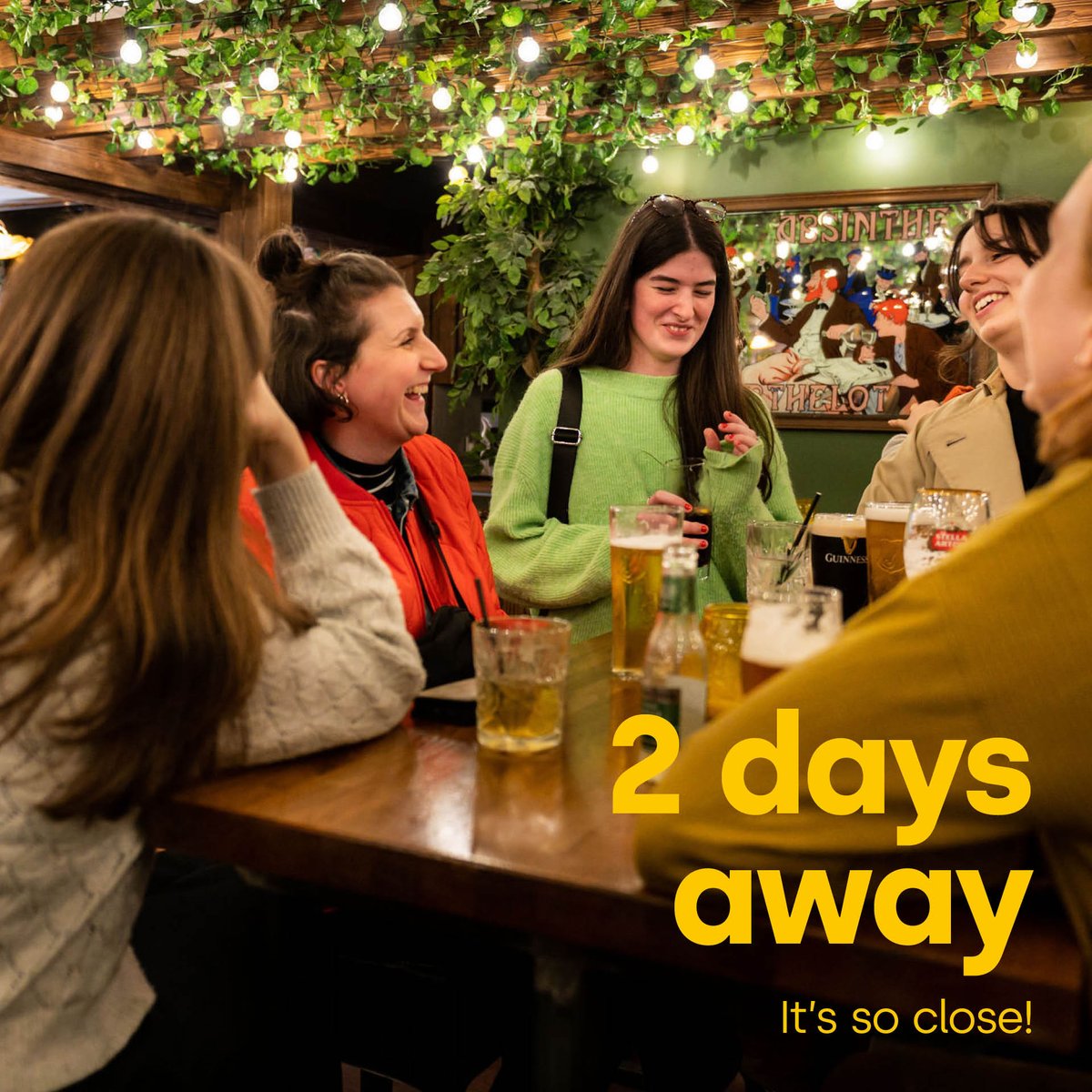 Two days away, it's so close!

Join us for Artwalk, Wednesday 31 May, 17:00 – Late

🔗 Don’t forget to head to our website and plan your route: zurl.co/M1Am

[ID: Multiple people are sat chatting at table which has pints on. "2 days away" is written over the top.]