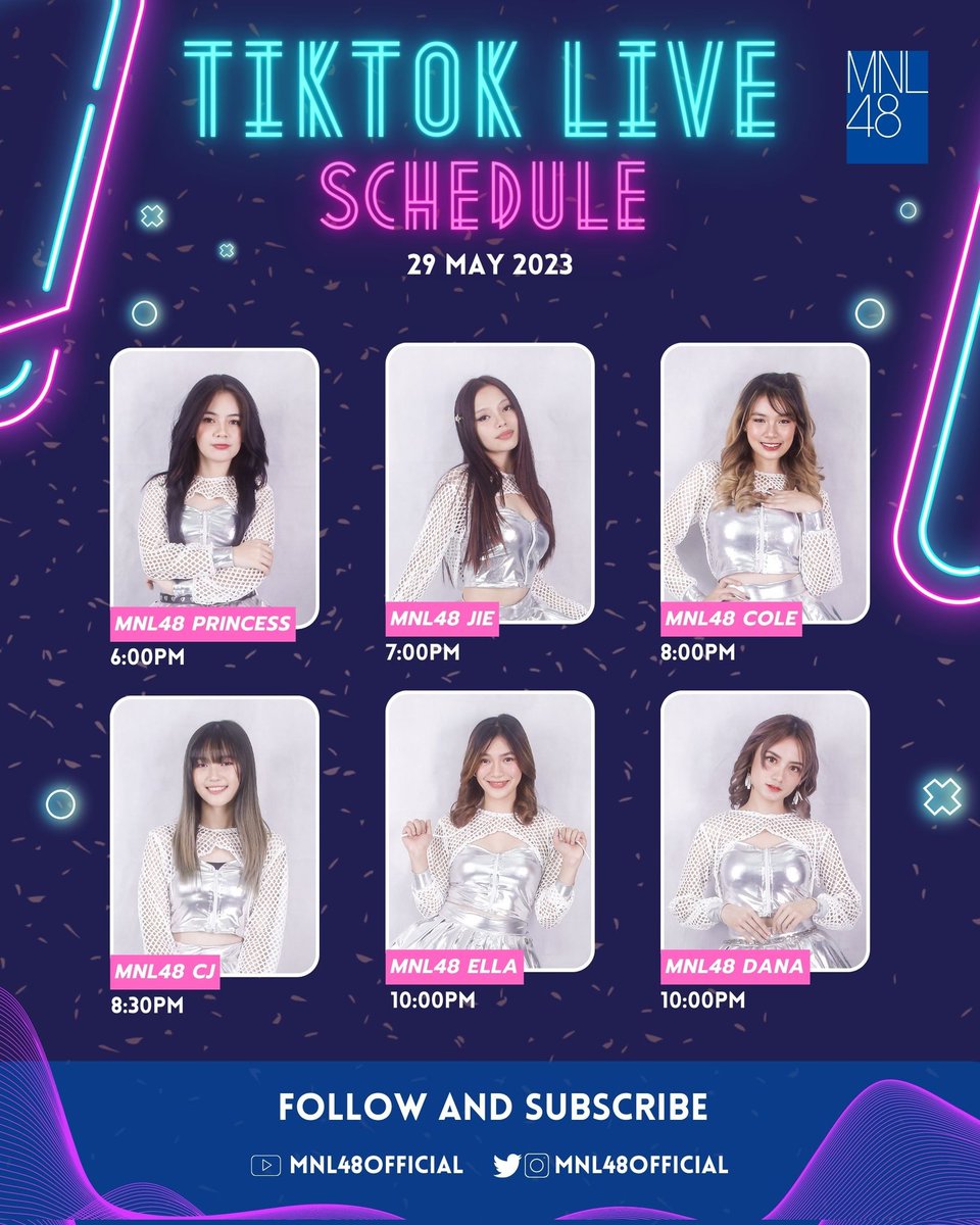 Happy Monday MNLoves! 💙 Join us for a Tiktok live tonight! ✨
#MNL48 Tiktok Live Schedule:

MNL48 Princess - tiktok.com/@mnl48princess
6pm

MNL48 Jie - tiktok.com/@jie.mnl48offi…
7pm

MNL48 Cole - tiktok.com/@cole.mnl48off…
8pm

MNL48 Cj - tiktok.com/@cj.mnl48offic…
8:30pm

(1/2)