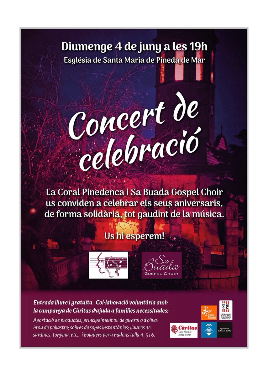 La Coral Pinedenca i Sa Buada Gospel Choir unim  les nostres veus per a celebrar els nostre 33è i 7è aniversari, de forma solidària, tot gaudint de la música. 
El 4 de juny a les 19 h. us convidem a celebrar-ho plegats, cantant, gaudint i vivint la música des dels nostres cors.