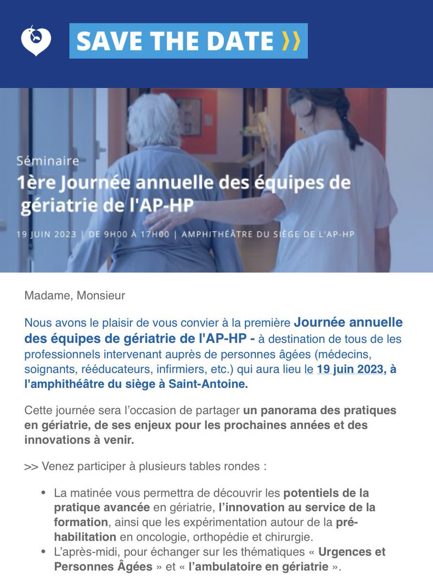 🚨 Le 19 juin c’est la 1ère Journée annuelle des équipes de gériatrie de l’<a href="/APHP/">Assistance Publique – Hôpitaux de Paris (AP-HP)</a> ‼️ 
Avec tout le soutien de l’institution pour faire connaître et valoriser les innovations et les enjeux des métiers du grand âge 👇👇👇
