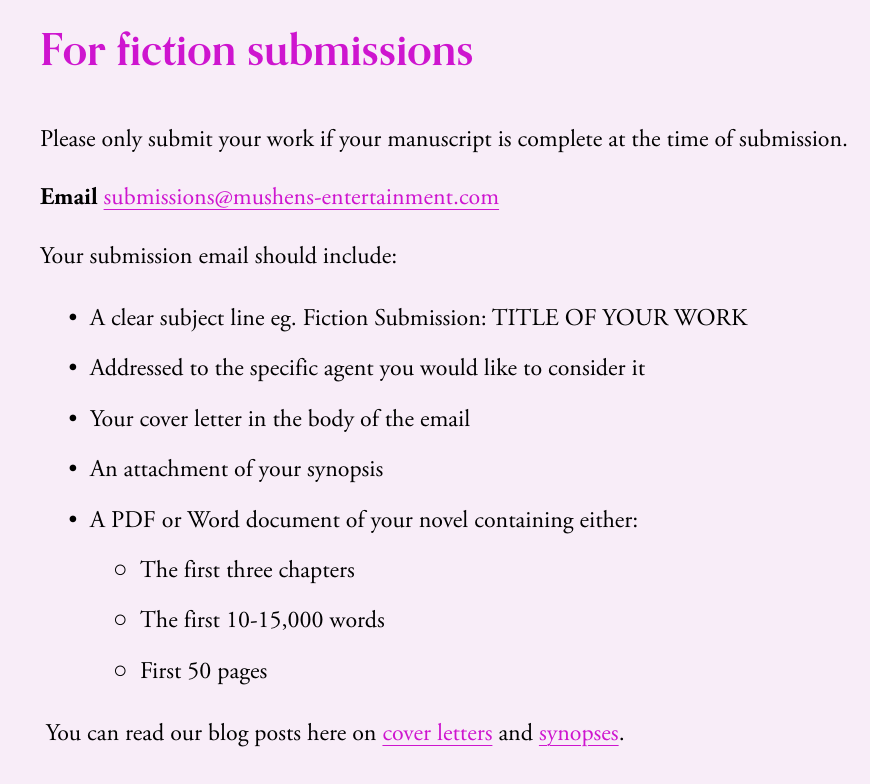 MorganaWhittler's tweet photo. This is the 'submissions' segment for @MushensEnt.

If every #agent made their #querying process as accessible, considerate, and flexible as this, authors would be far less frustrated.

What's more, each agent's page clearly says what they are looking for.

Great job. https://t.co/PbmDyN89jC