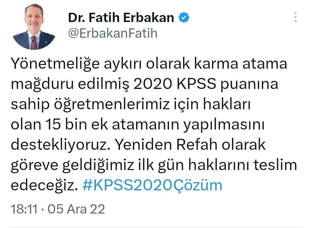 Dünya Değişir insan  Zaman Mekan Duygular Değişir ama Vicdanın Sesi Asla Değişmez. #2020kpss Mağduru öğretmenlerin Kaderi Sizin Elinizde
@rprefahpartisi
@bayramsakartepe
@melihguuner
@rprefahpartisi
@ErbakanFatih
@muratguumus 
@bayramogluMF
#2020kpssKaderimizERBAKAN