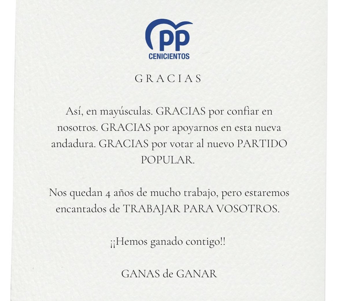 GRACIAS 

Gracias de corazón a todas las personas que han confiado en nosotros. Ahora nos toca trabajar por un futuro mejor para todos, así que ¡Manos a la obra! 

#Cenicientos #Alcaldia #Elecciones2023