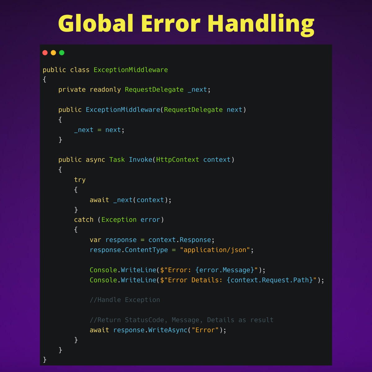 Global Error Handling in .NET 🚀

In .NET 5+, the recommended approach to implement global error handling is using middleware.

This is absolutely the simplest and most effective way, the implementation of which takes only 5 minutes.

Here you can see how it's done 👇🧵

#Dotnet